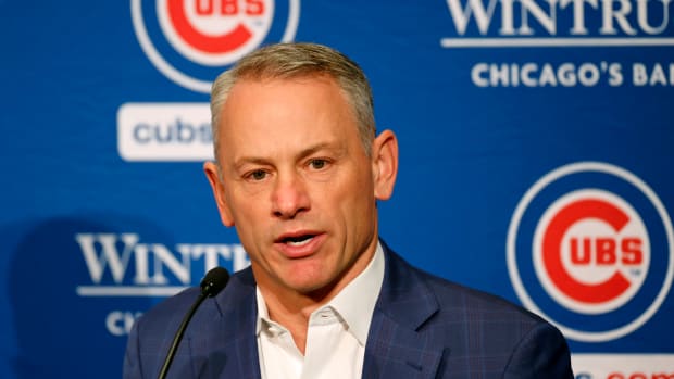 Jan 12, 2024; Chicago, IL, USA; Chicago Cubs president of baseball operations Jed Hoyer talks to the media after introducing pitcher Shota Imanaga (not pictured) during a press conference at Loews Chicago Hotel. Mandatory Credit: Kamil Krzaczynski-USA TODAY Sports